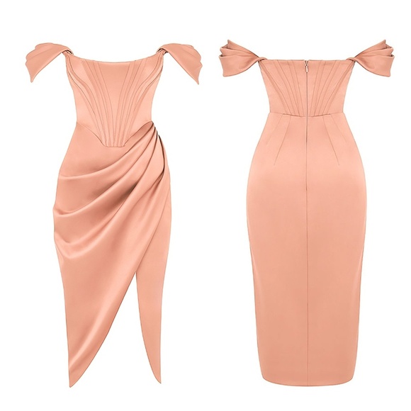 HOUSE OF CB | Luxury 'LORETTA' Satin Off Shoulder Dress in Blush Pink | Size XS - Picture 5 of 16
